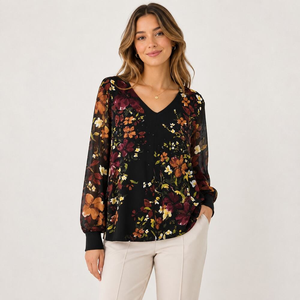 Susan Graver Liquid Knit Blouse Women's Size 1X Black Floral Embellished Office